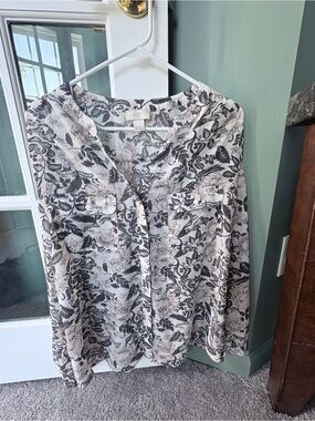 LOFT Sheer White with Pink and Black Floral Button-Front Blouse